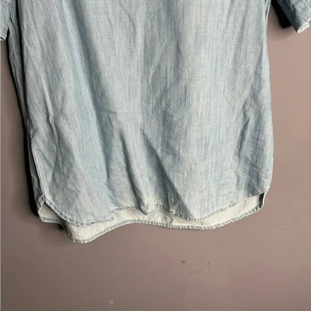 LOFT Short Puff Sleeve Denim Shirt High Round Neck Small Petite